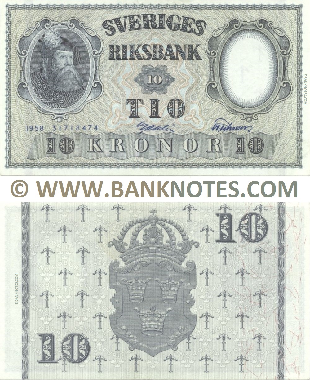 Sweden 10 Kronor 1958 (12758315) (Sig: Åke Gustafsson; Karl Gustaf Rosengren) (v. lt. circulated) XF-AU
