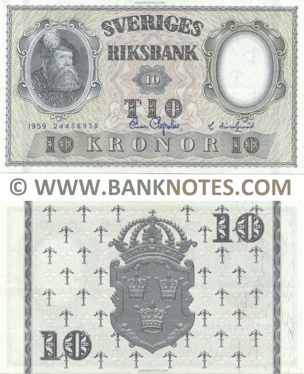 Sweden 10 Kronor 1959 (24458938) (Sig: Einar Lagrelius; "Lindqvist") (circulated) VF-XF