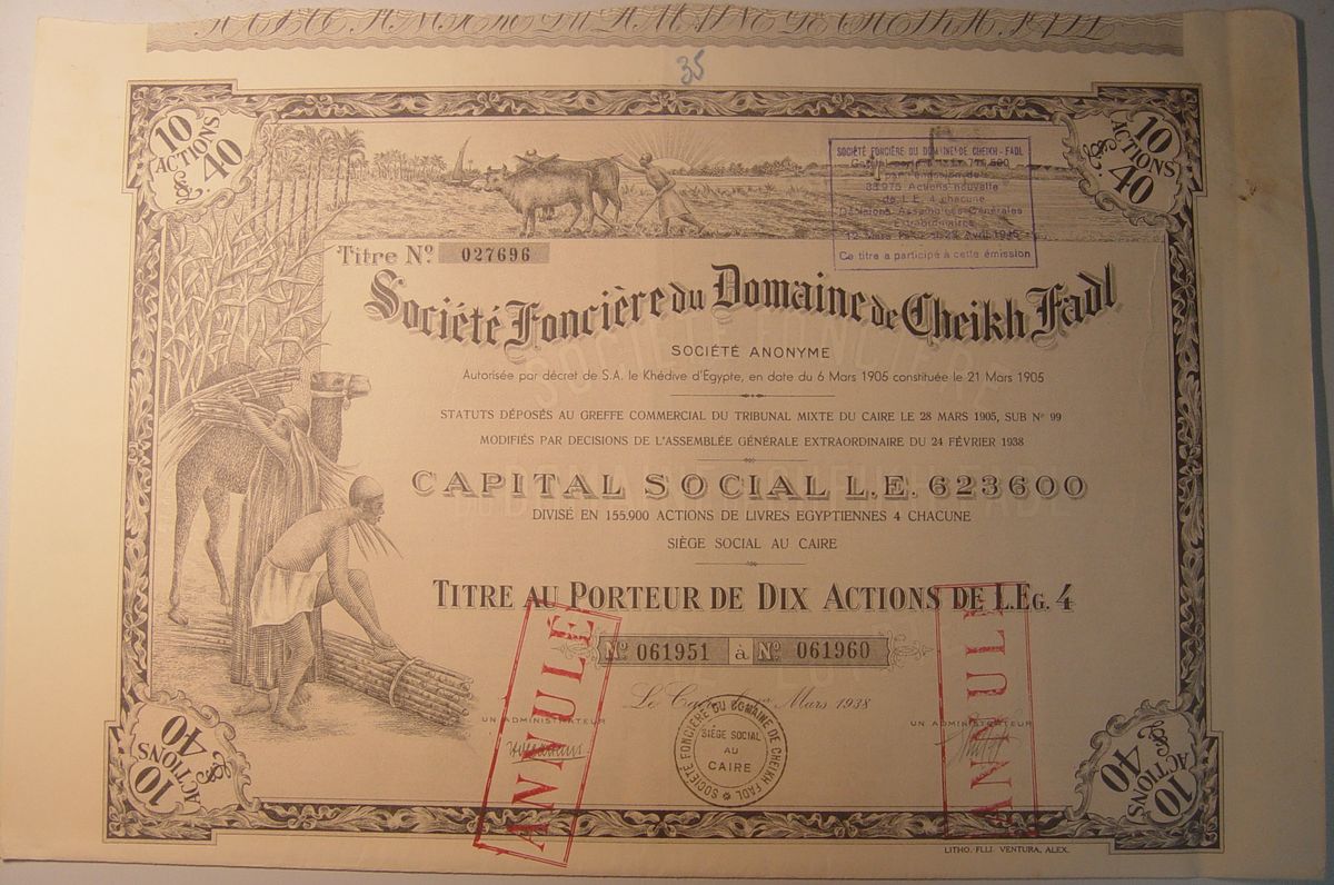 Société Foncière du Domaine de Cheikh Fadl, Cairo: Stock Certificate: 40 Egyptian Pounds 1938 (Nº027696) EF+