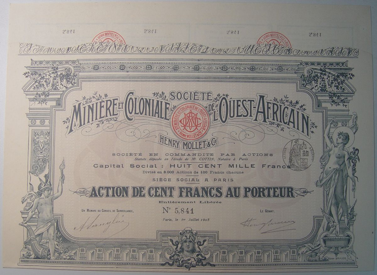 Société Minière et Coloniale de l'Ouest-Africain, Paris: Stock Certificate: 100 Francs 1908 (Nº5841) New