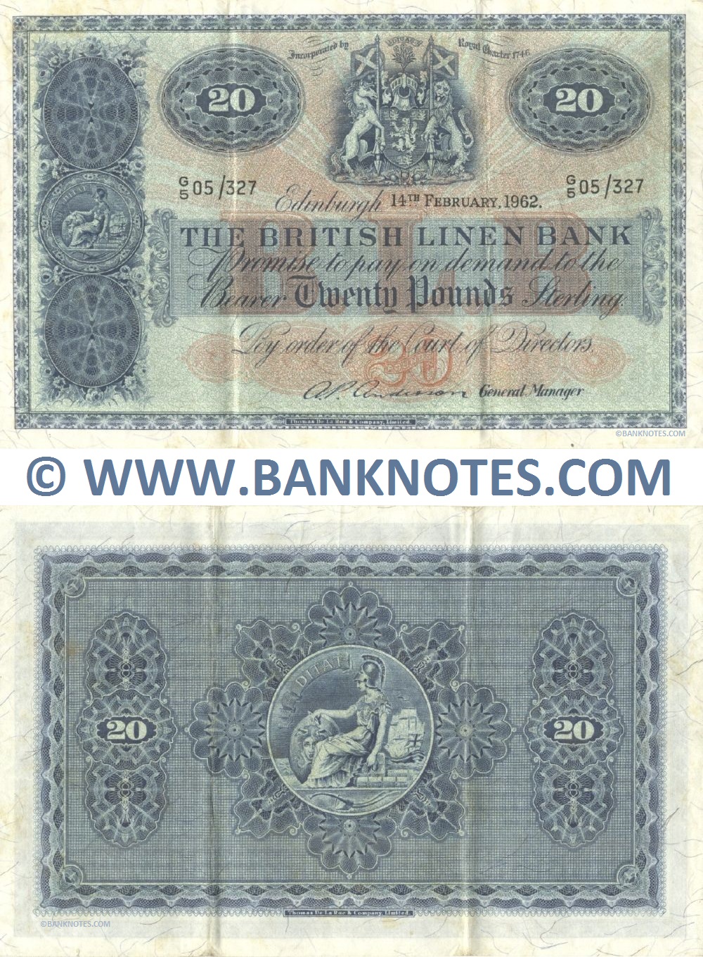 Scotland 20 Pounds Sterling 14.2.1962 (British Linen Bank) (G/5 05/327) (circulated) VF-XF