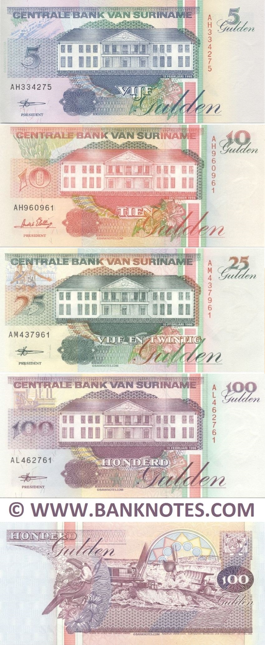 Suriname Set of 5, 10, 25 and 100 Gulden 1996/1998 UNC