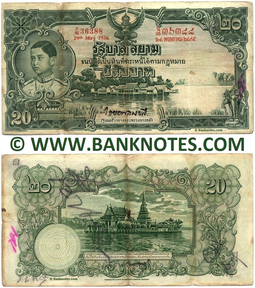 Thailand 20 Baht 29.5.1936 (P:16/36388) (circulated) Fine