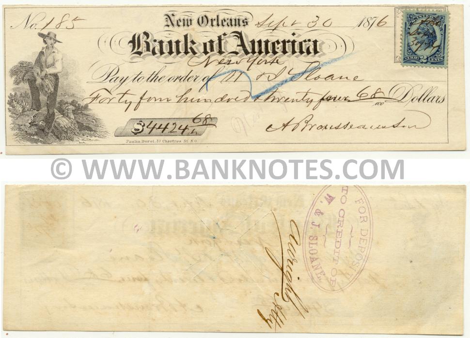 United States of America: New Orleans: Bank of America: NY Canceled Check for $4424 1876 (used) XF