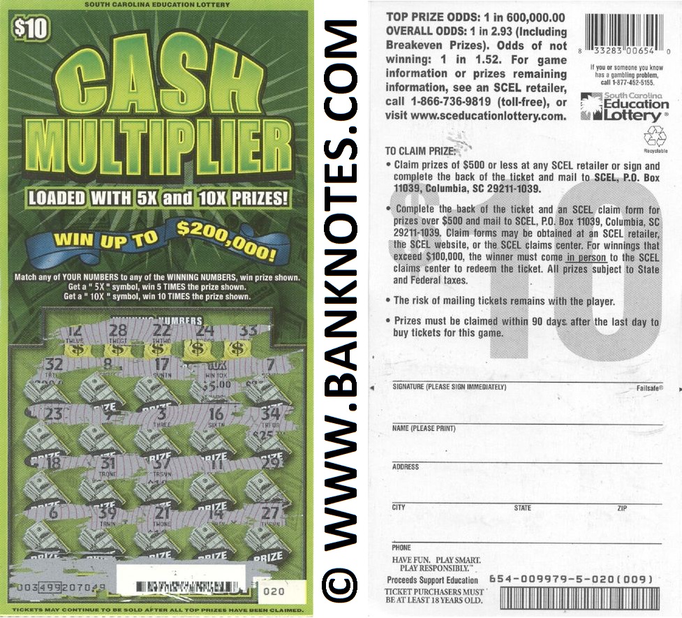 USA: South Carolina 10 Dollars 2013 Education Lottery Ticket "Cash Multiplier" (Used)