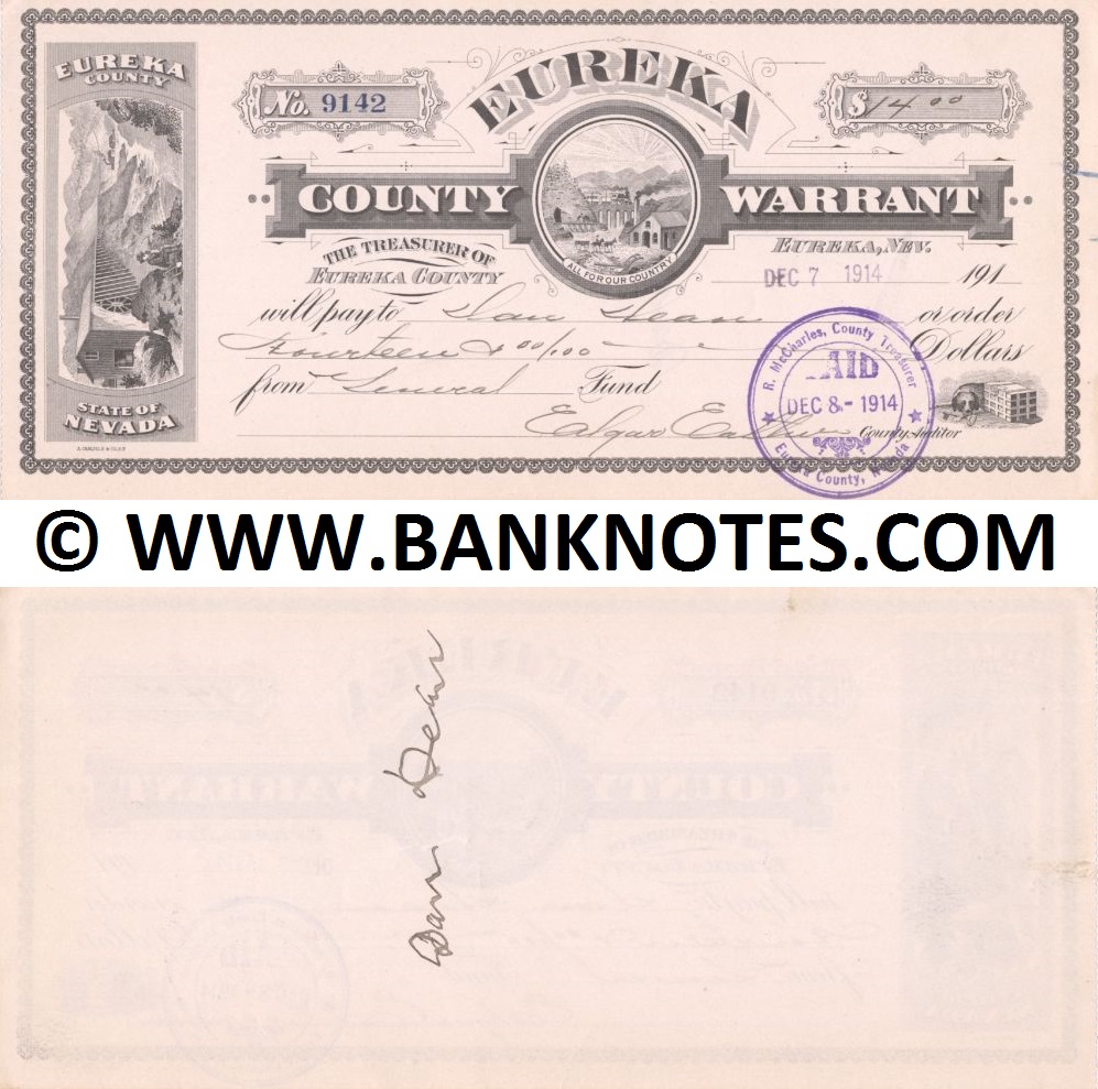 USA: Nevada, Eureka County Warrant, Dec. 7/8, 1914 (Serial Nº 9142) UNC