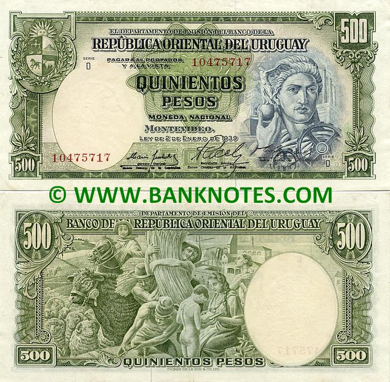 Uruguay 500 Pesos 1939 (1967) (Serie D; 10475717) (lt. circulated) XF+