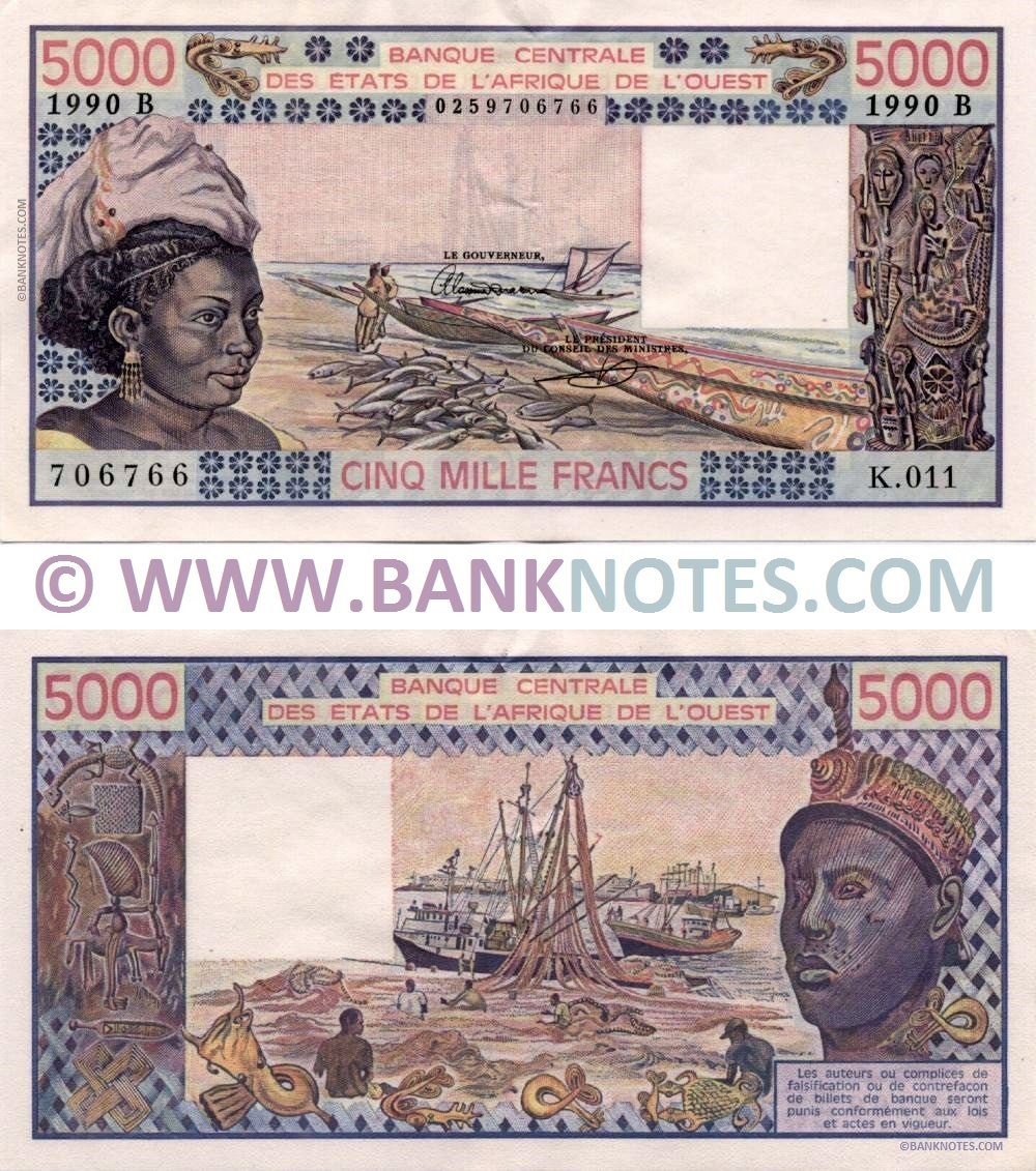Benin 5000 Francs 1990 (K.011/0259706766) (Sig.21: Ouattara, Kone) (lt. circulated) XF-AU