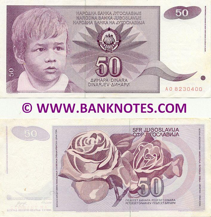 Yugoslavia 50 Dinara 1.6.1990 (Ser # varies) (circulated) VF