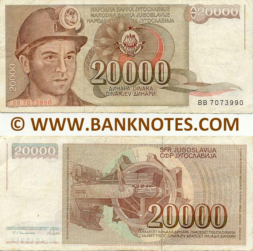 Yugoslavia 20000 Dinara 1.5.1987 (Ser # varies) (circulated) F+