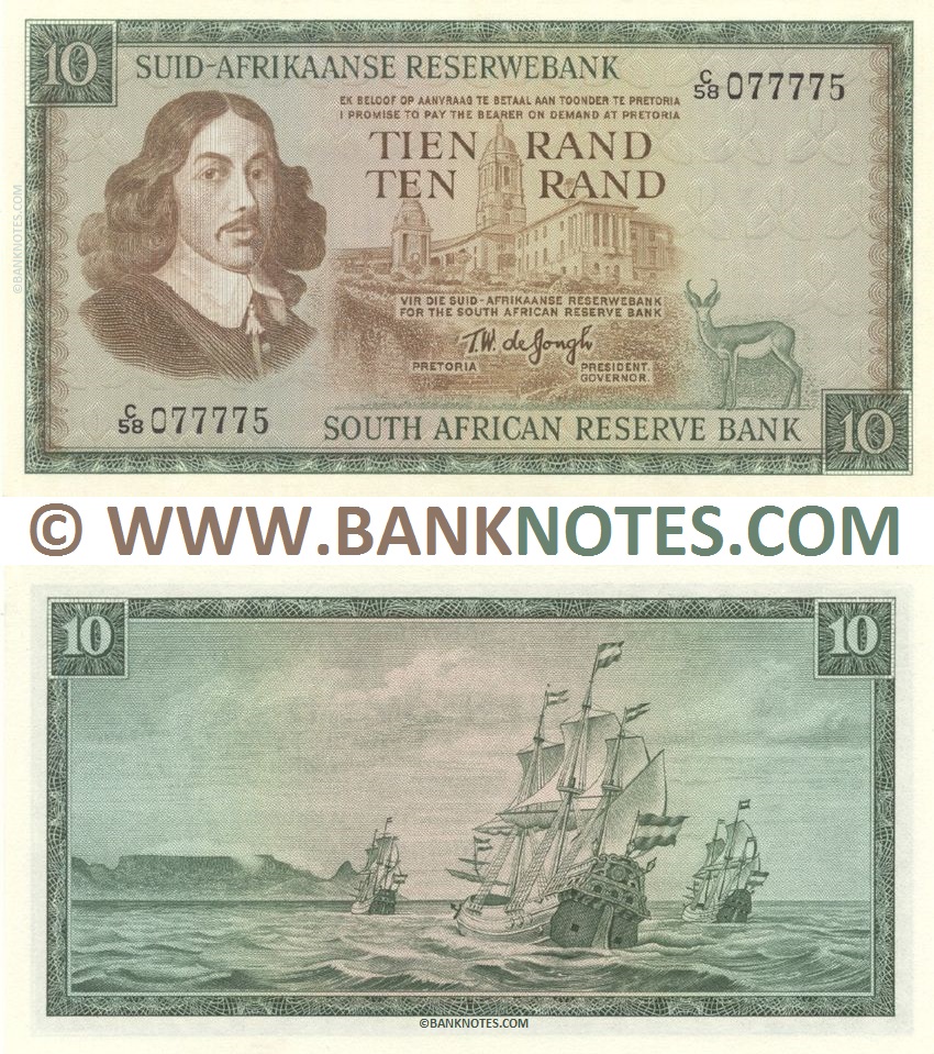 South Africa 10 Rand (1968) (Sig: T.W. de Jongh) (C58 077775) UNC