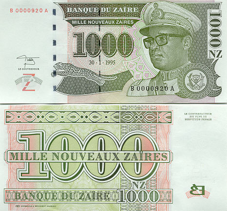 Zaire 1000 New Zaires 1995 (B 00009xx A) UNC