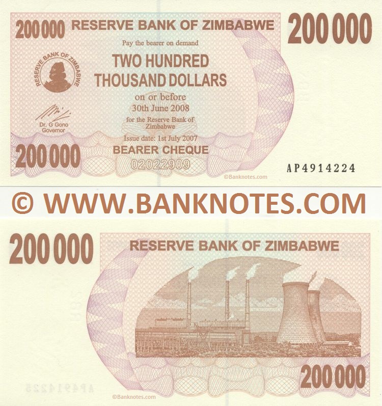 Zimbabwe 200000 Dollars 1.7.2007 (Exp. 30.6.2008) (AP49142xx) UNC