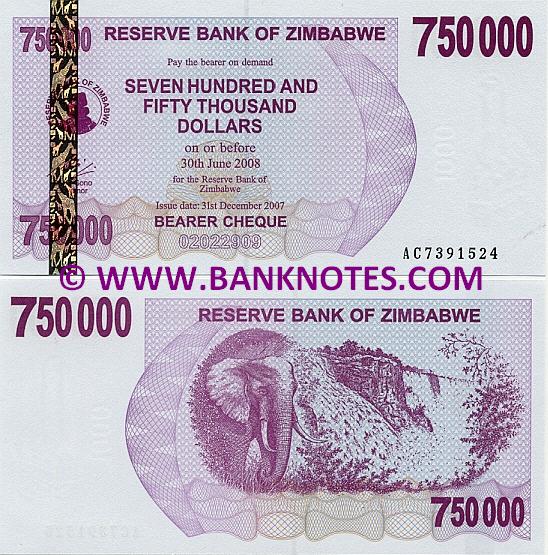 Zimbabwe 750000 Dollars 2007 (AC73915xx) UNC