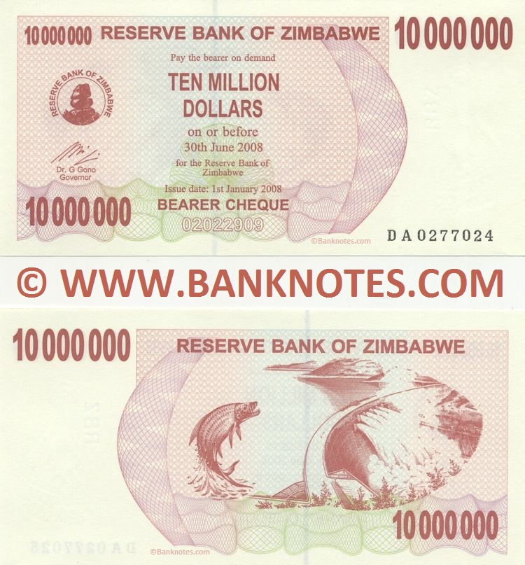 Zimbabwe 10000000 Dollars 1.1.2008 (Exp. 30.6.2008) (DA02770xx) UNC