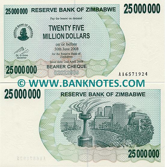 Zimbabwe 25 Million Dollars 2008 (AA65719xx) UNC