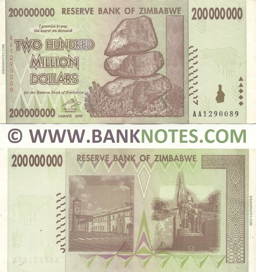 Zimbabwe 200 Million Dollars 2008 (Serial # varies) (circulated) VF