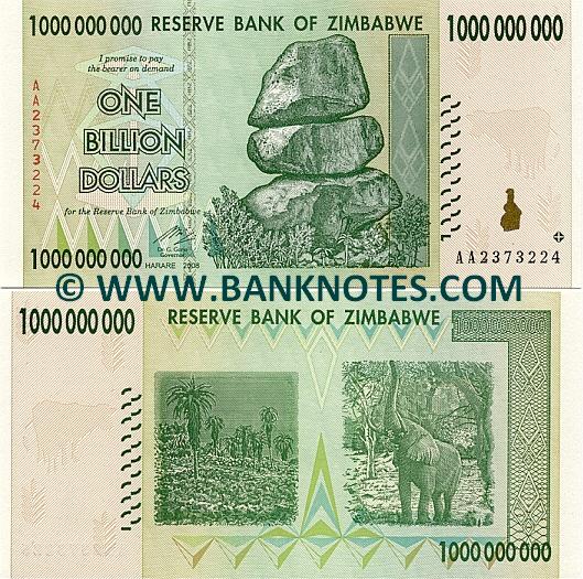 Zimbabwe 1 Billion Dollars 2008 (AA Prefix) UNC