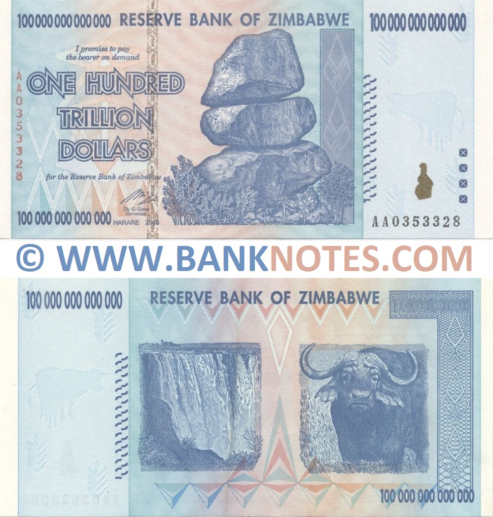 Zimbabwe 100 Trillion Dollars 2008 (AA0353328) AU+
