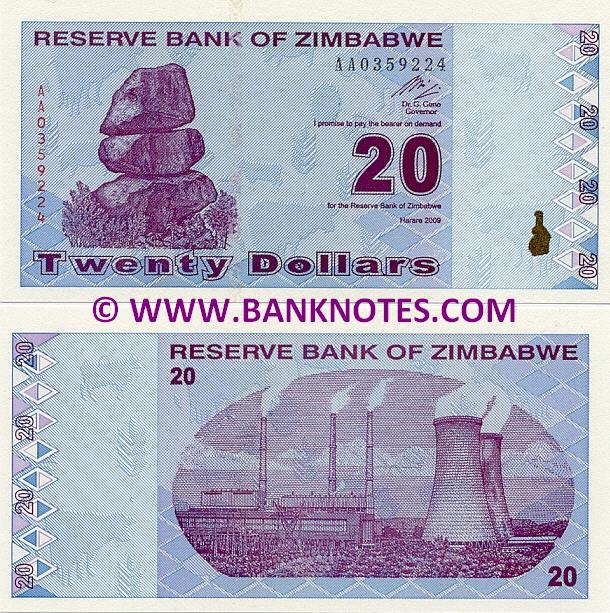 Zimbabwe 20 Dollars 2009 (AA03592xx) UNC