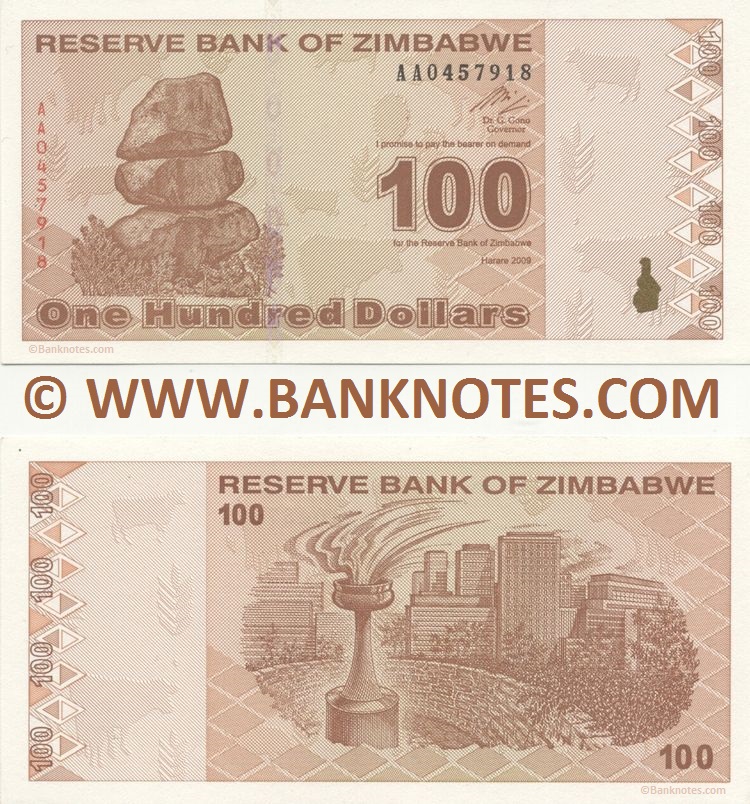Zimbabwe 100 Dollars 2009 (AA0457xxx) UNC