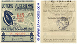 Algeria lottery 1/2 ticket 645 Francs 1950 Serial # 020809 UNC