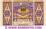 Algeria Lottery ticket 860 Francs 1954. Serial # 035869 (nice) XF