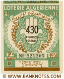 Algeria lottery 1/2 ticket 430 Francs 1950 Serial # 224265 UNC