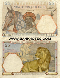 French West Africa 25 Francs 1939 (L.1872/46785116) (circulated) F-VF