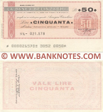 Italy Mini-Cheque 50 Lire 26.4.1977 (La Banca Belinzaghi, Milano) (Nº L- 021.578) (lt. circulated) XF-AU