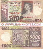 Madagascar 5000 Francs = 1000 Ariary (1974) (A/20 352355) (circulated, ph) VF