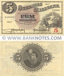 Sweden 5 Kronor 1947 (D 466606) Sig: Karl Gunnar Månsson; "Bjornsson" (circulated) VF-XF