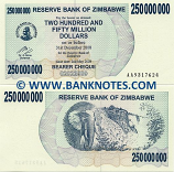 Zimbabwe 250 Million Dollars 2008 (AA93176xx) UNC