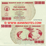 Zimbabwe 500 Million Dollars 2008 (AC90790xx) UNC