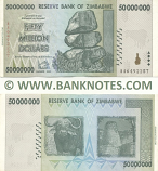Zimbabwe 50 Million Dollars 2008 (Serial # varies) (circulated) VF+