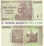 Zimbabwe 200 Million Dollars 2008 (Serial # varies) (circulated) VF+
